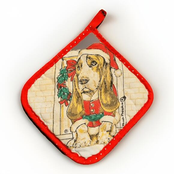 Vintage Basset Hound Dog Christmas Pot Holder Santa Hat Red Trim Kitchen Decor - Picture 1 of 5